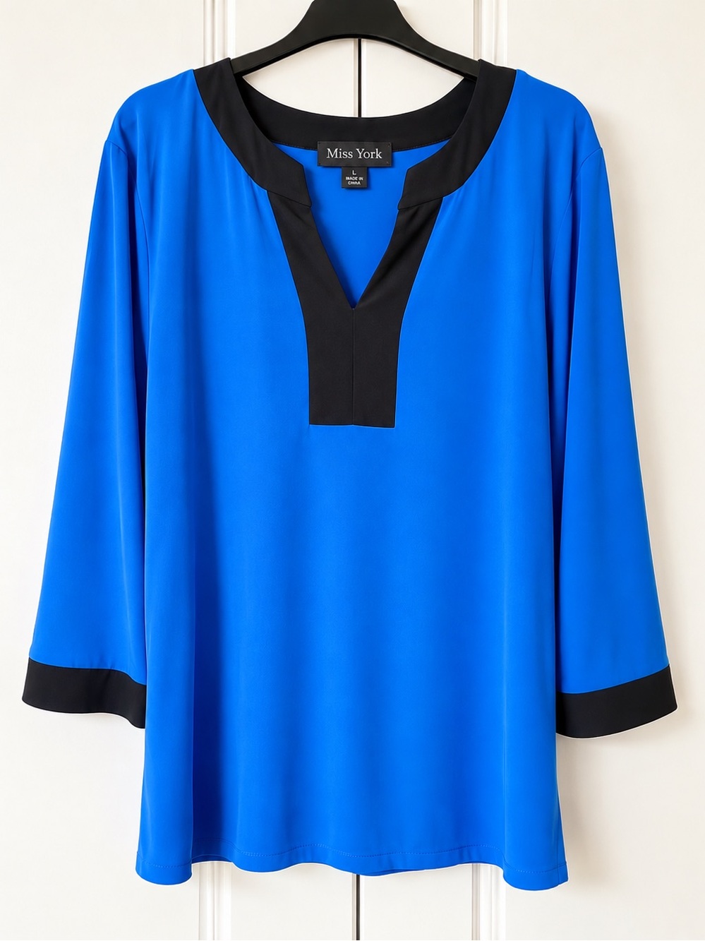 Miss York Cobalt Blue Black Trim V-Neck Blouse XL 3/4 Sleeve